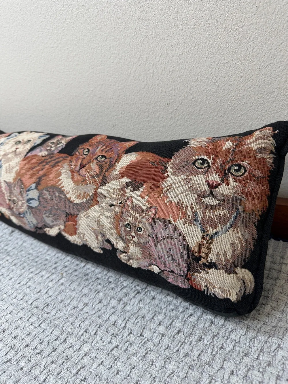 Cottagecore Kitty Cats Embroidered Tapestry Pillow Cat Decor Black Tan Ivory